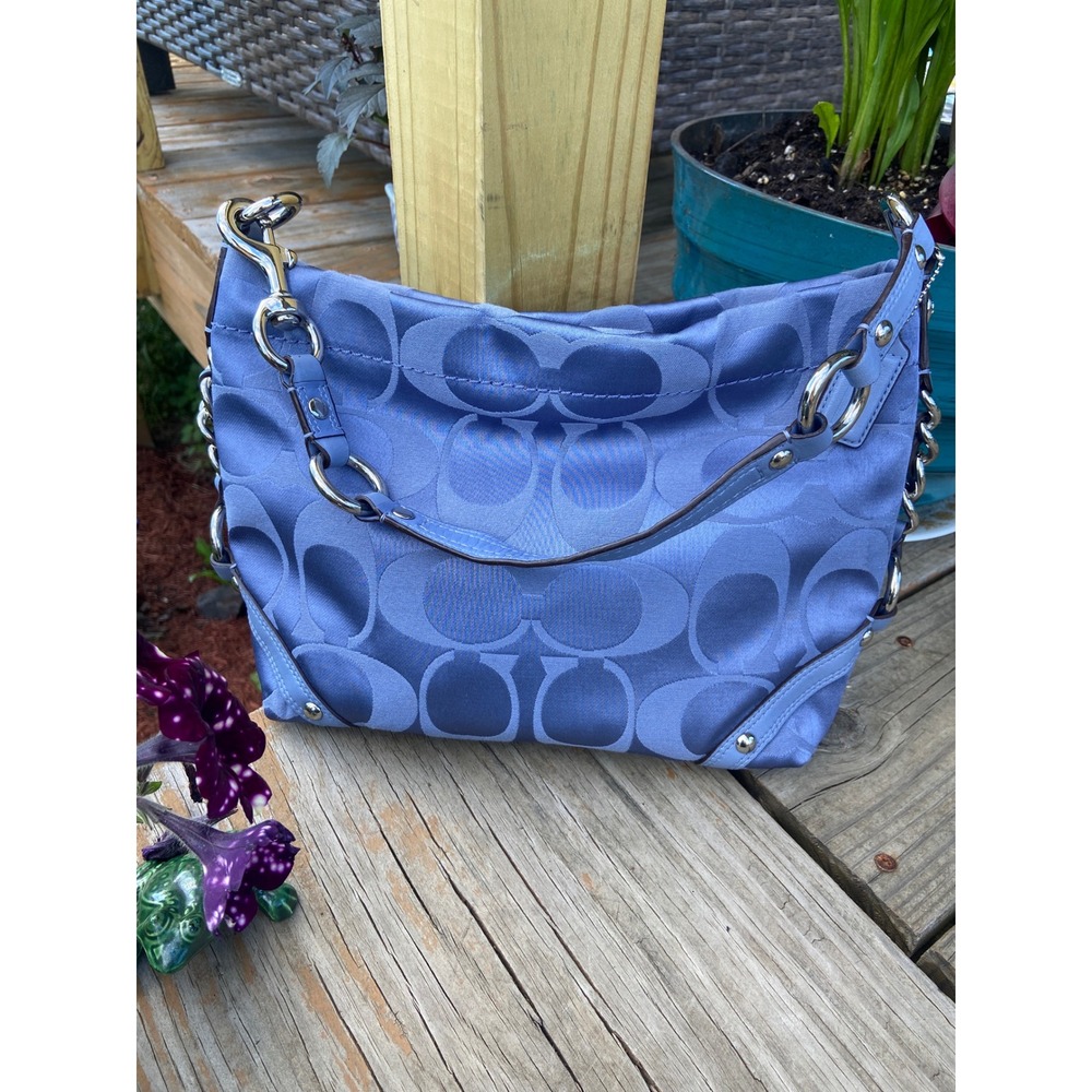 VTG Coach Carly Hobo Bag Blue Periwinkle Signature Jacquard Silver Hardware Y2K - Picture 3 of 16